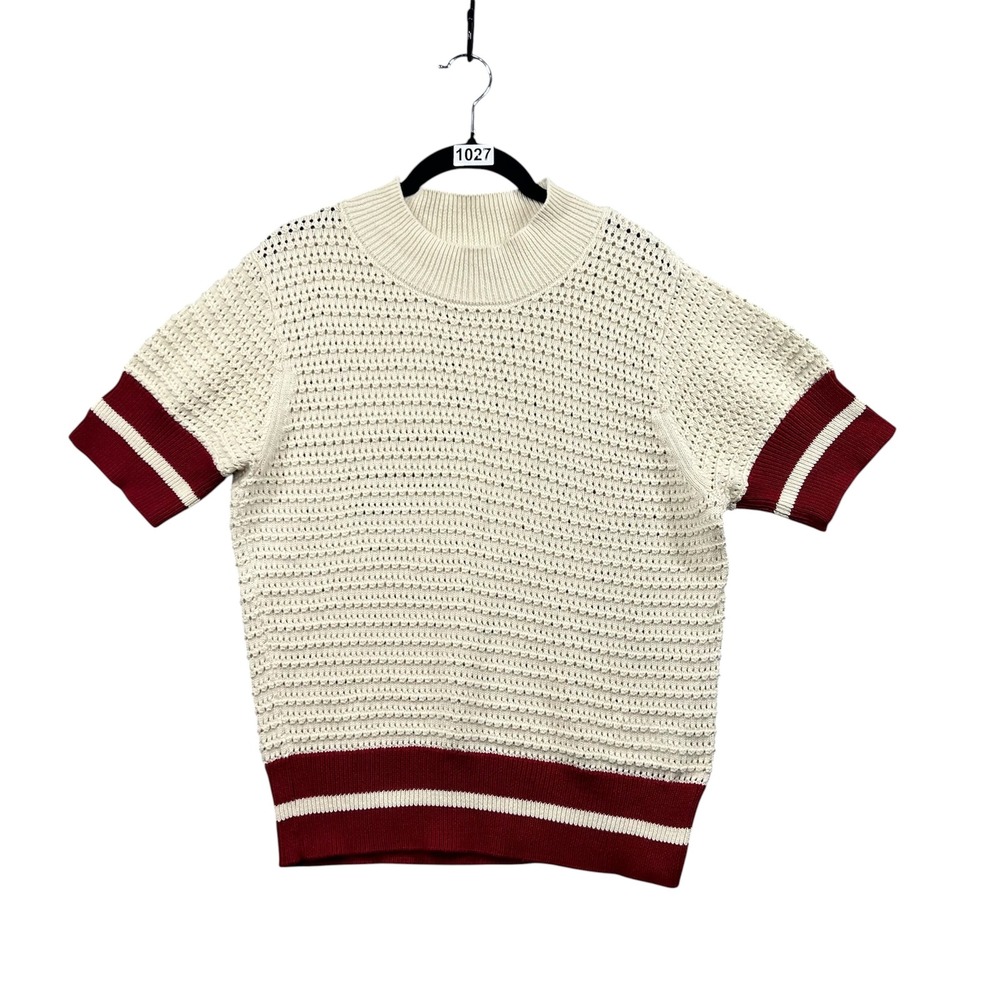 Kut from the Kloth Zyla Sweater Womens Medium Cream Red Varsity Stripe Crochet